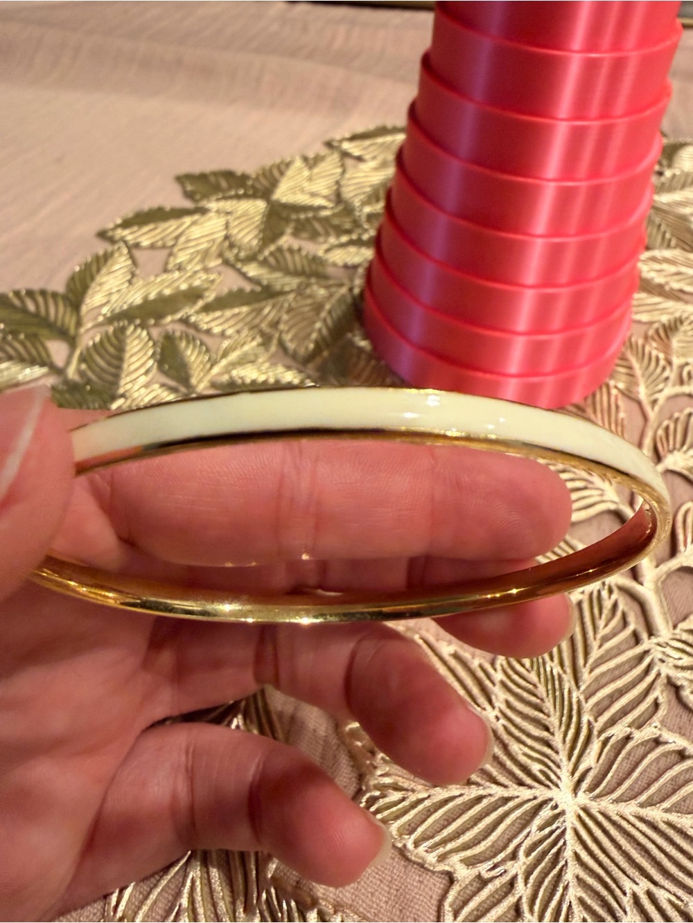 Gold and Cream Enamel Bangle Bracelet